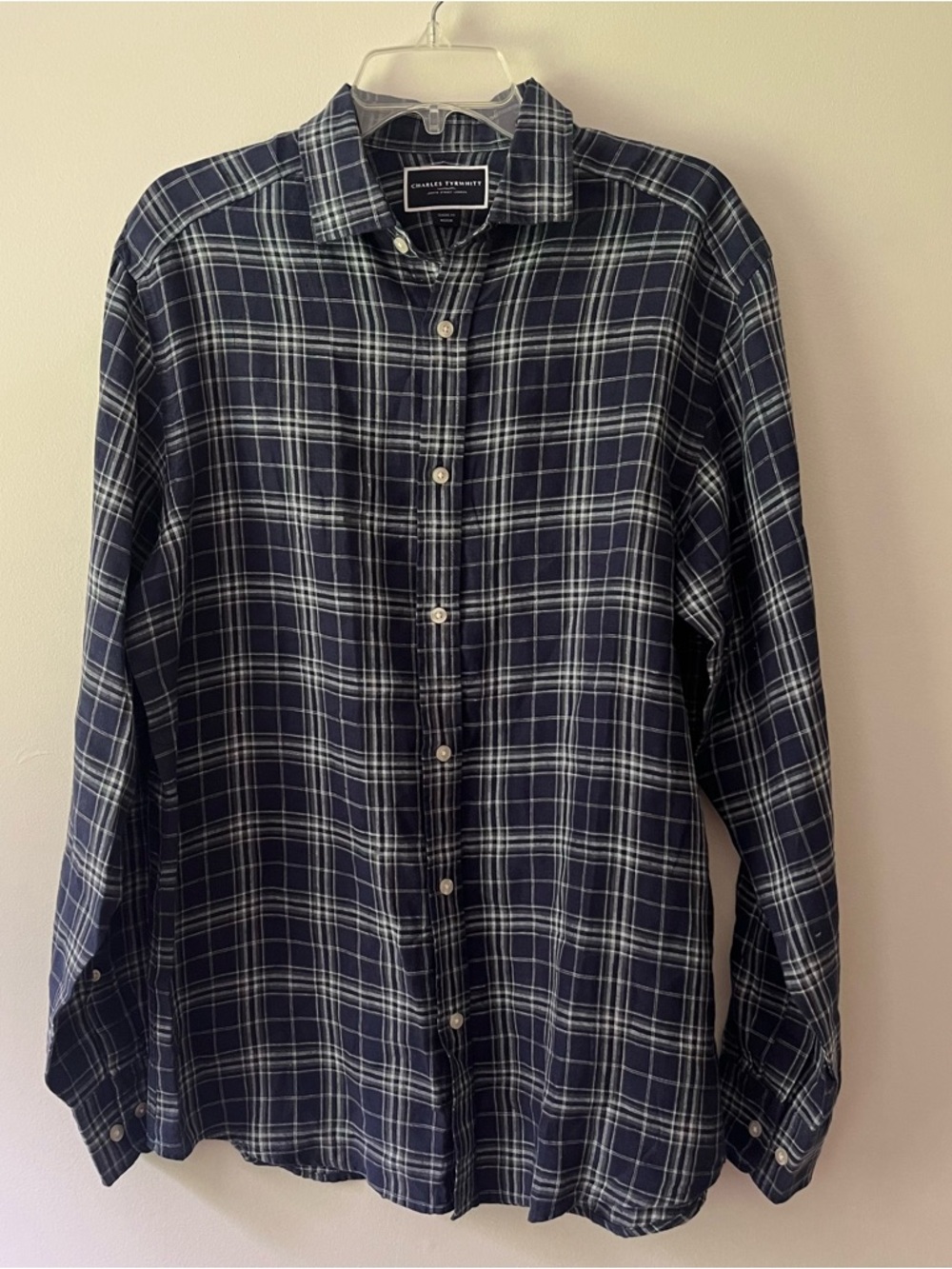 Men's Charles Tyrwhitt Linen Button Down Shirt Classic Fit Medium Blue Plaid